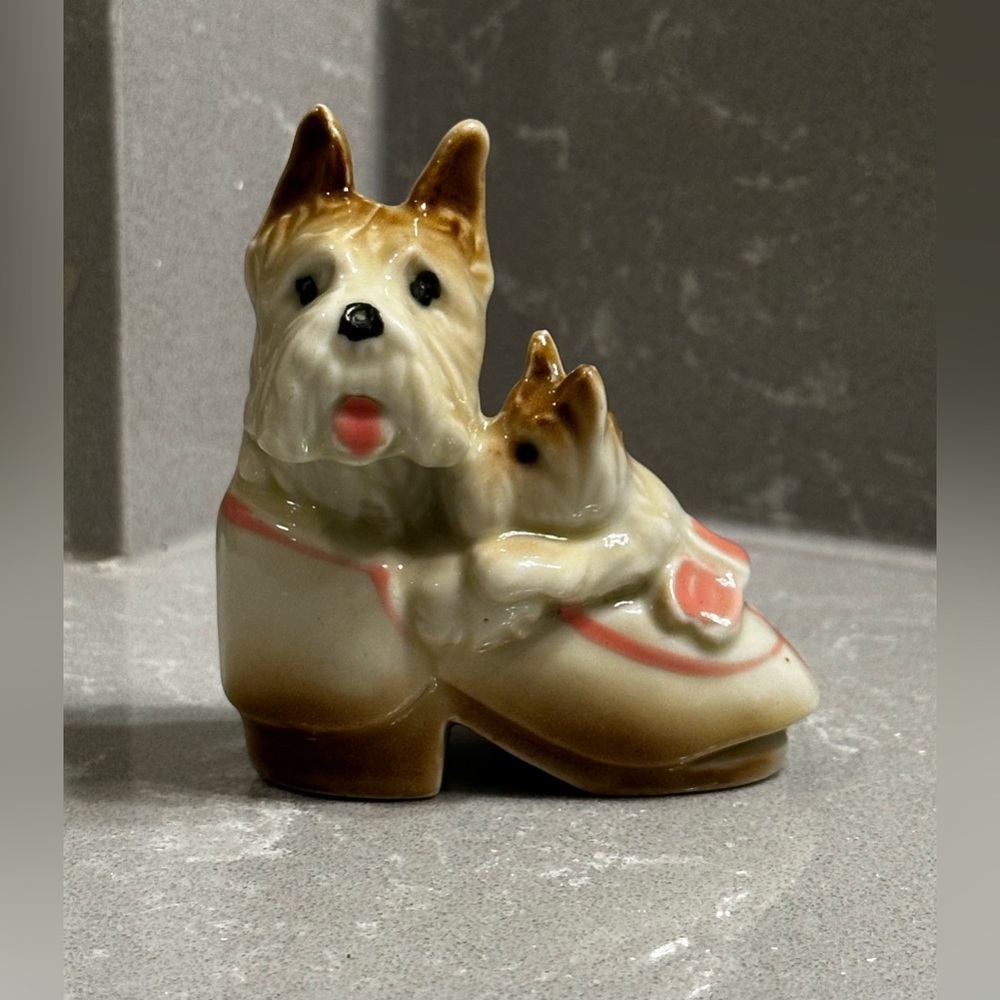 Vintage Ceramic Dog Figurine with Two Terriers in Shoe Made in Occupied Japan